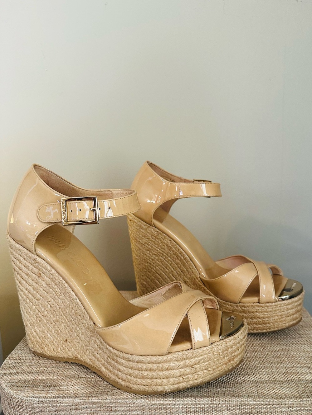Jimmy Choo Beige Patent Leather Pallis Espadrille Wedge Sandals - 37.5 / 7.5